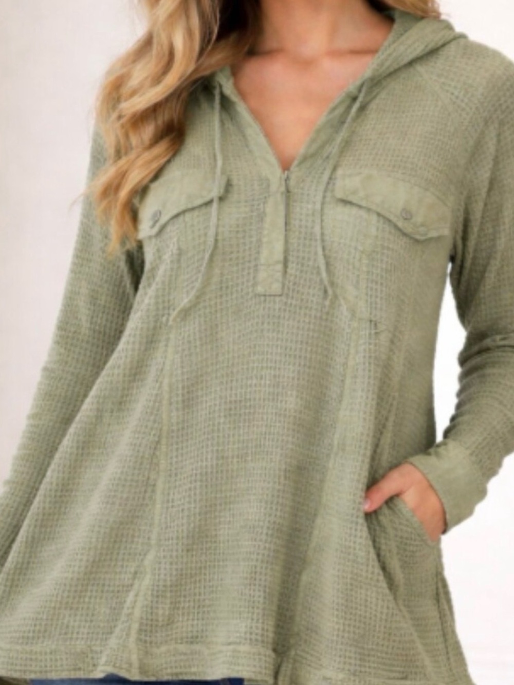 Free People Chill Mood Olive Waffle-Knit Cotton Hooded Pullover
